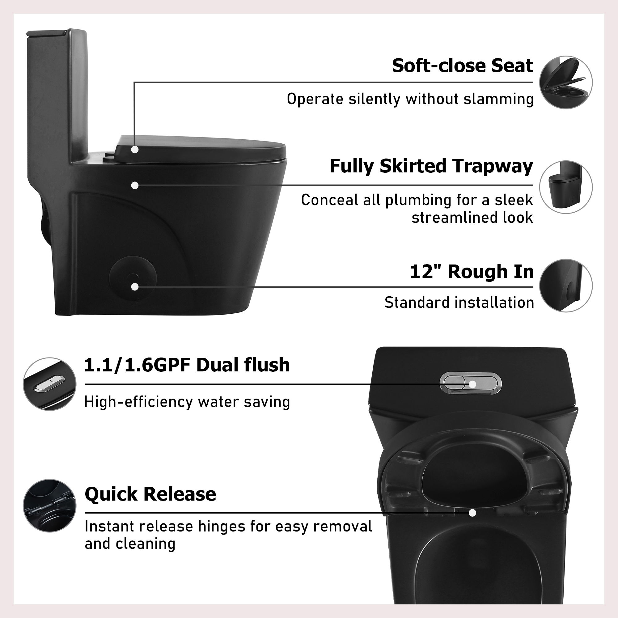 Dual-flush One Piece Toilet Matte Black Elongated Comfort Height_voghion.com